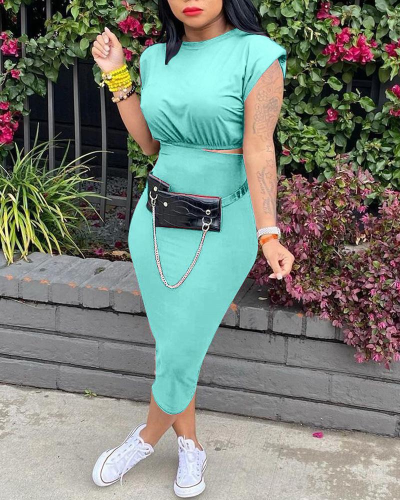 

Shoulder Pad Crop Top & Skirt Set, Green