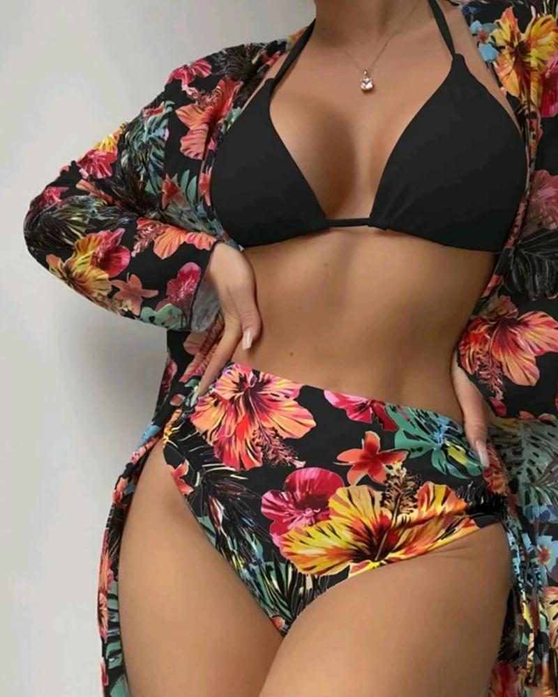 

3PCS Tropical Print Drawstring Bikini Set With Cover Up, Black