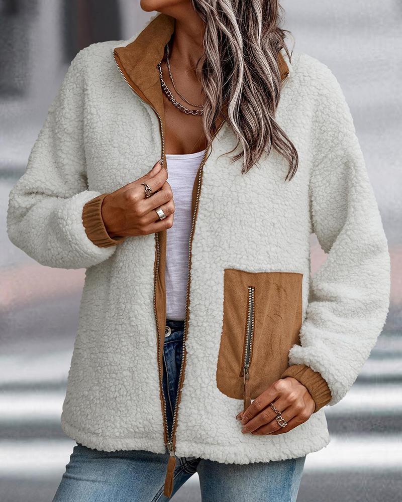 

Zipper Design Long Sleeve Fuzzy Teddy Coat, Beige