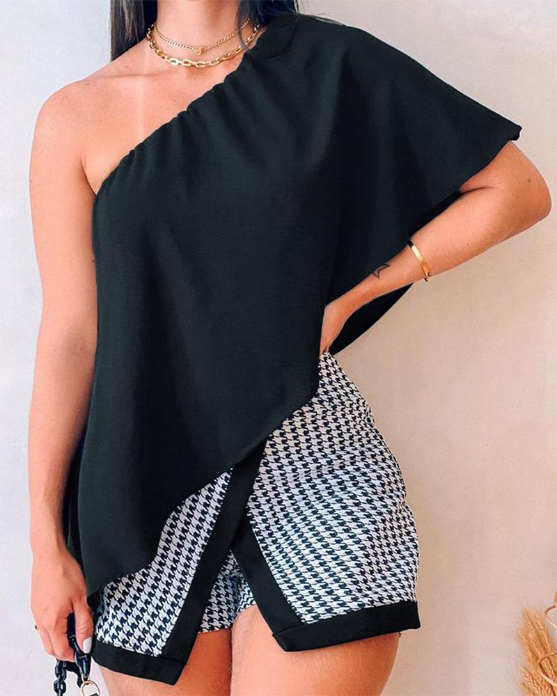 

One Shoulder Asymmetrical Top & Houndstooth Print Skorts Set, Black