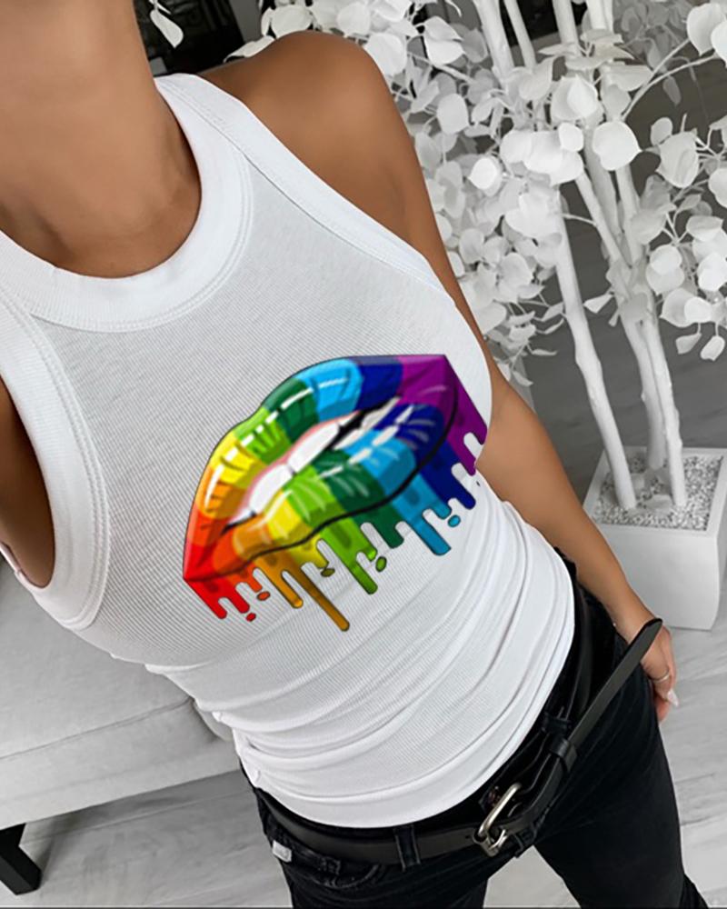 

Crew Neck Lip Print Casual Tank Top, White