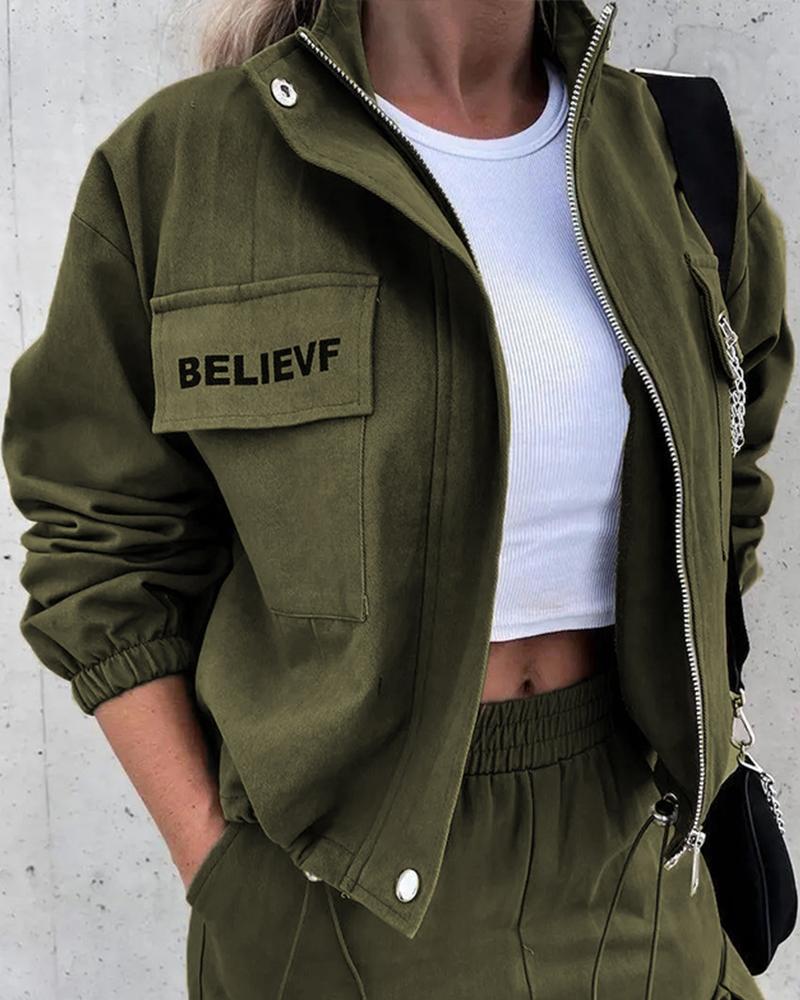 

Animal Letter Print Zipper Up Long Sleeve Coat, Green