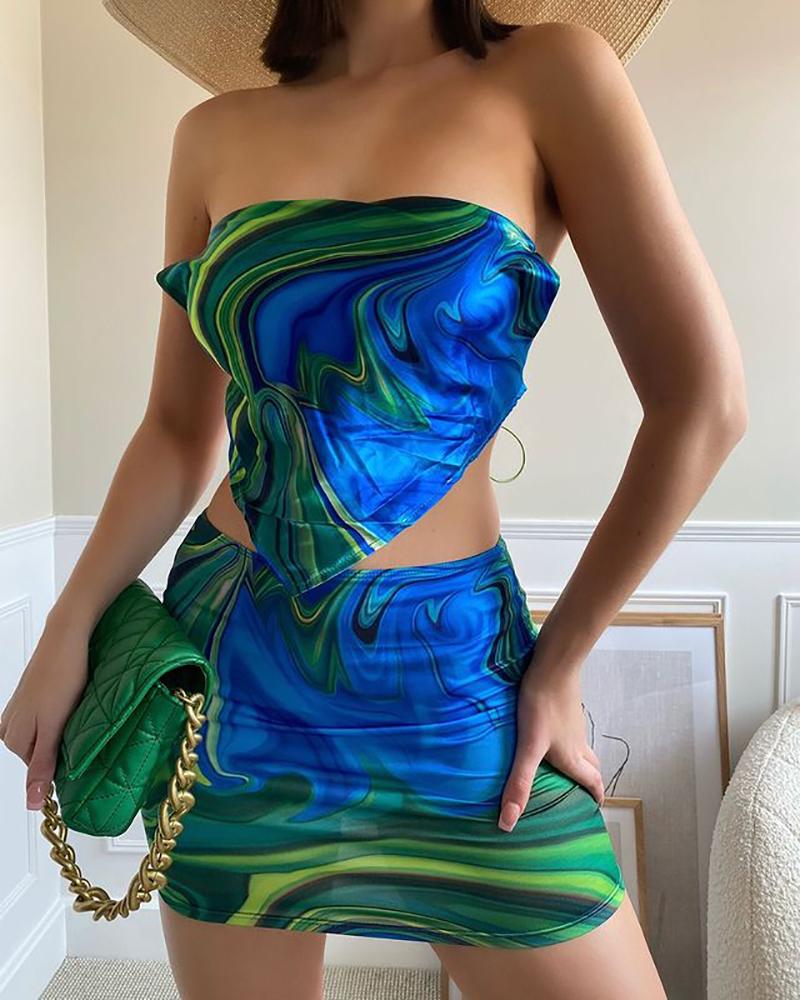 

Marble Print Handkerchief Bandeau Top & Skirt Sets, Blue