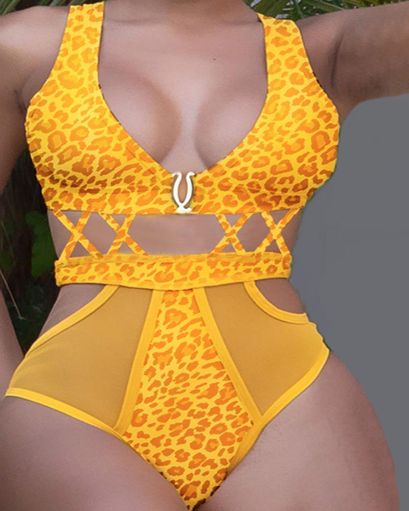 

Cutout Cheetah Print Colorblock One Piece Swimsuit, Yellow