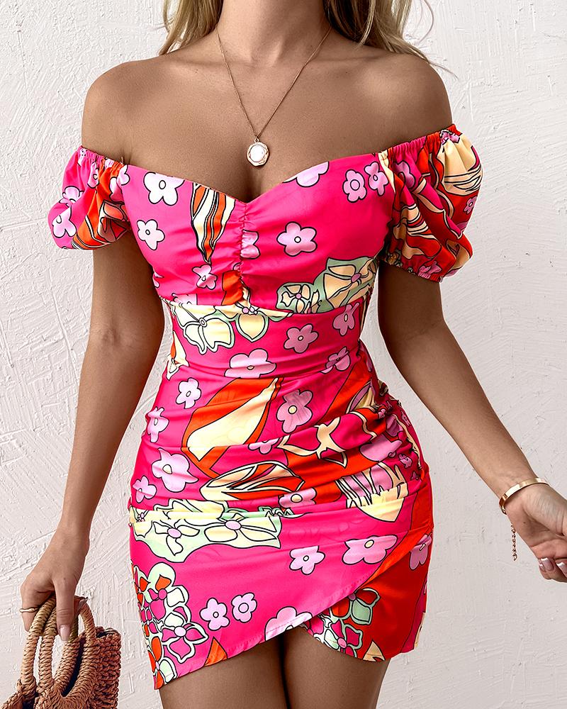 

Floral Print Off Shoulder Shirred Wrap Dress, Multicolor