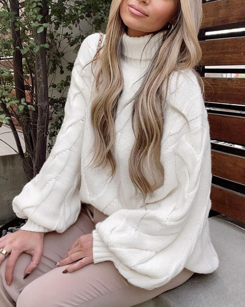 

Lantern Sleeve High Neck Cable Knit Sweater, White