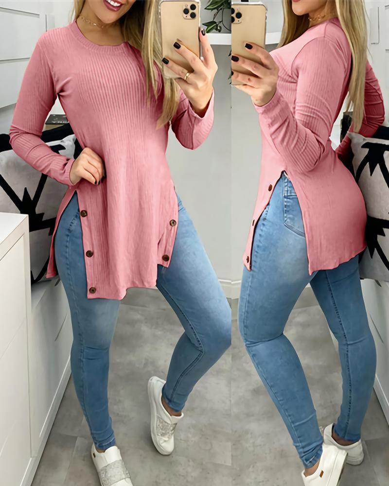 

Button Design Slit Long Sleeve Ribbed Top, Pink