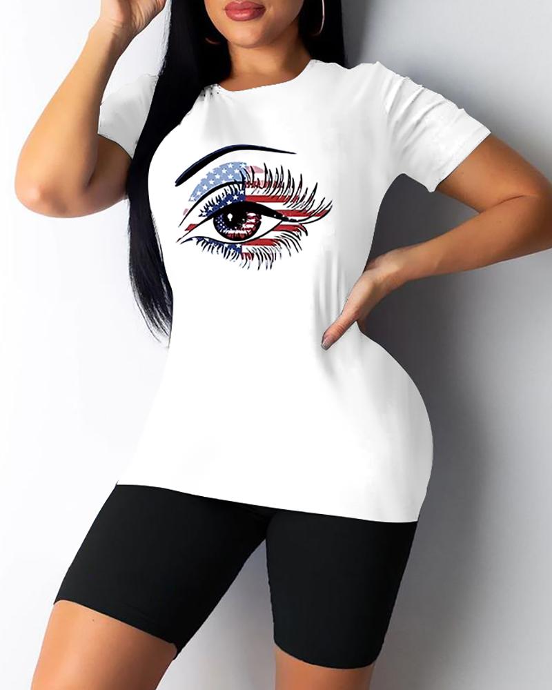

Eyes Flag Pattern Lip Print Top & Plain Shorts Set, White