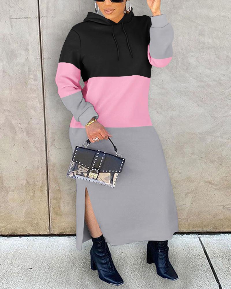 

Colorblock Slit Hooded Sweatshirt Dress, Pink