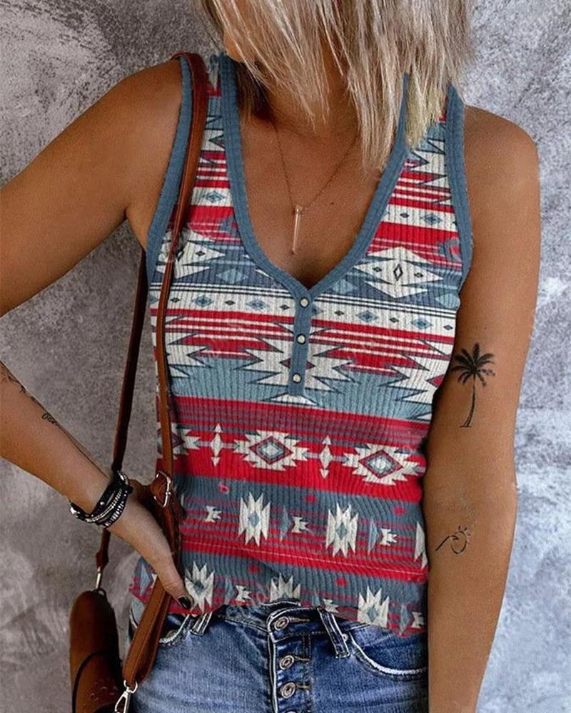 

Aztec Geometric Print Buttoned Casual Tank Top, Blue