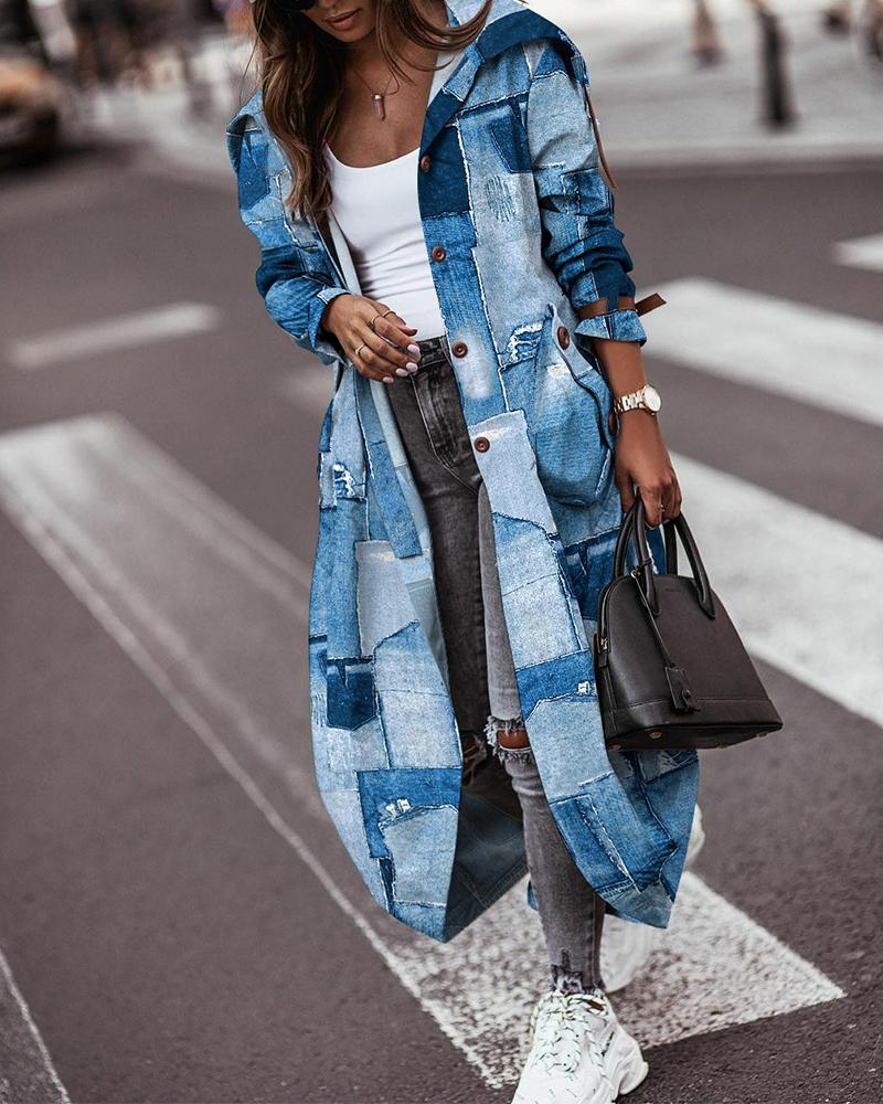 

Denim Look Print Longline Cargo Trench Coat, Blue