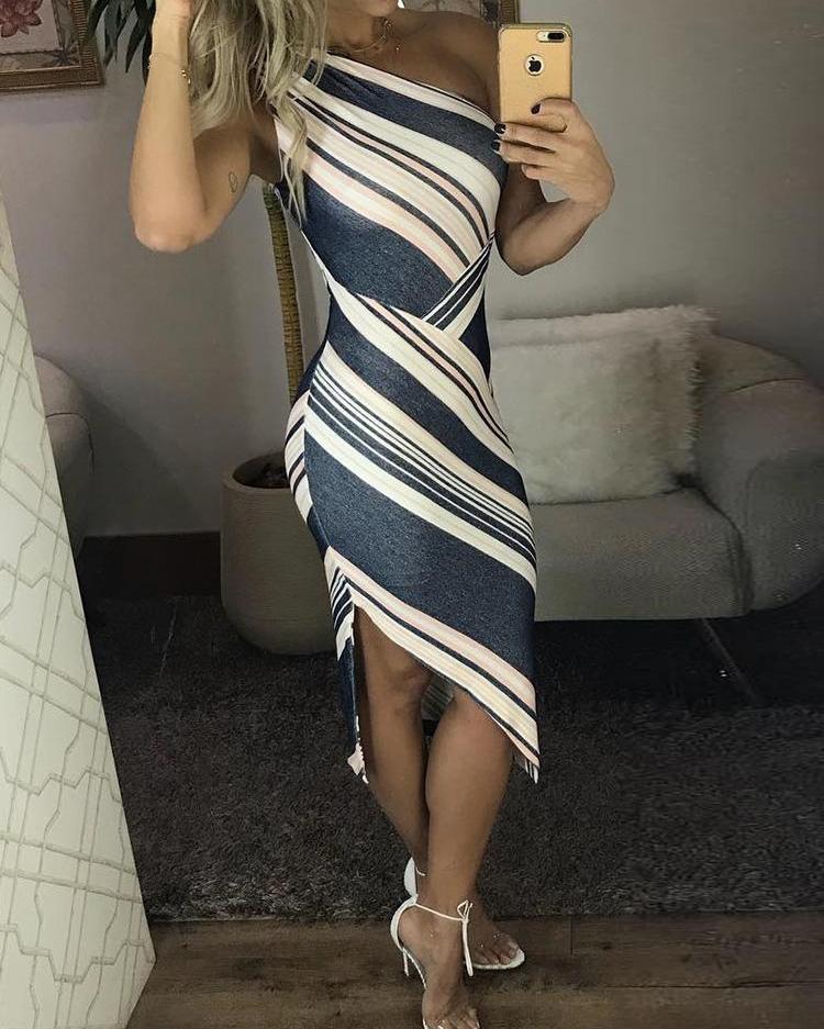 

Striped One Shoulder Irregular Bodycon Dress, Dark grey