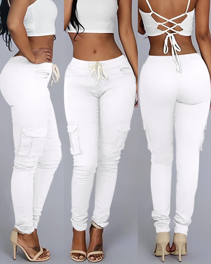 

Pocket Design Drawstring Casual Pants, Beige