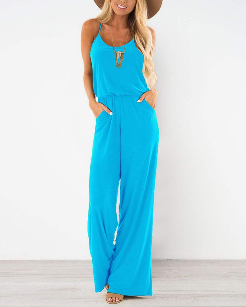 

Spaghetti Strap Pocket Design Jumpsuit, Turquoise blue