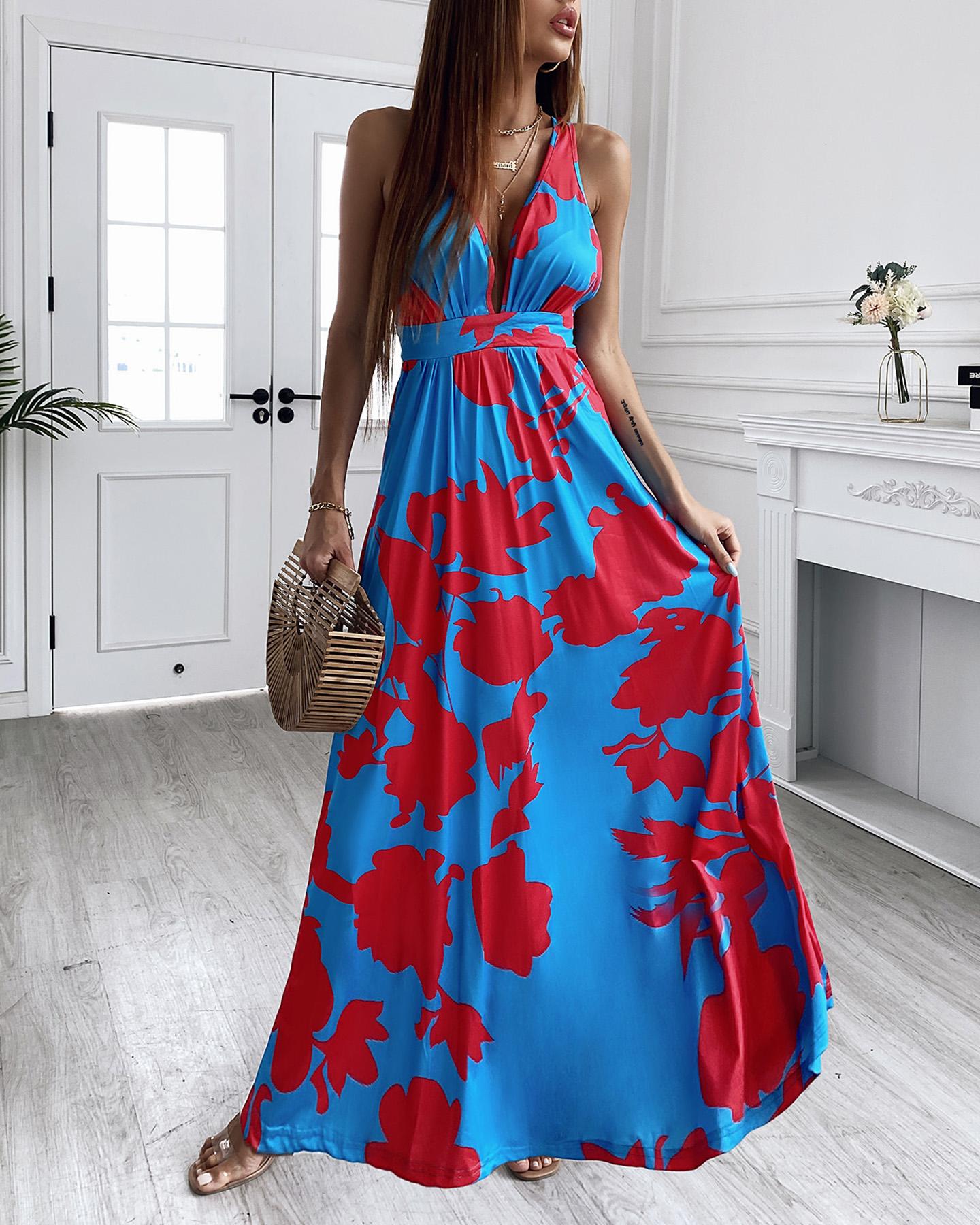 

Contrast Floral Deep V Maxi Drss, Blue