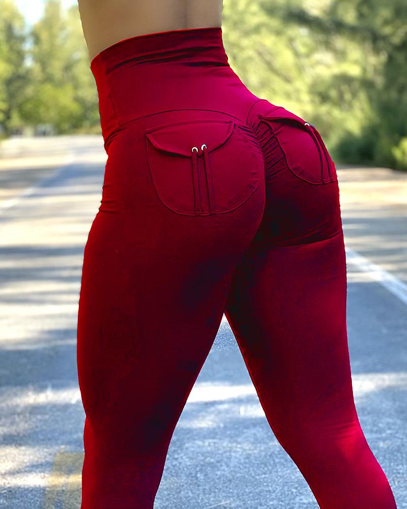 

Pocket Design High Waist Seamless Butt Lifting Yoga Pants, Red