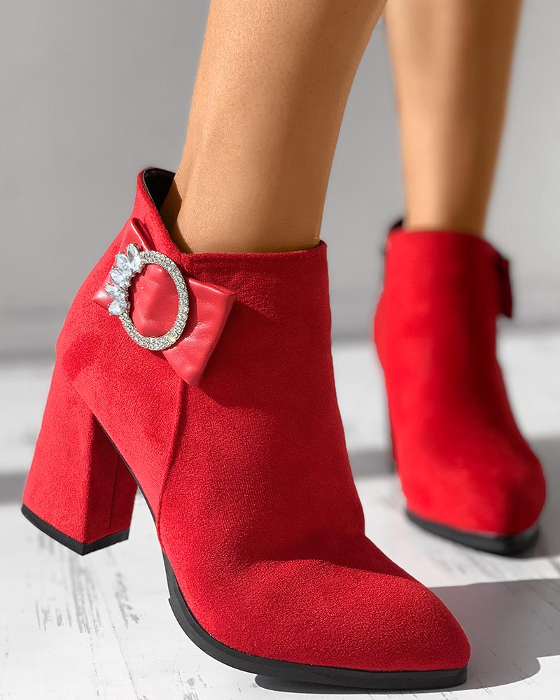 

Rhinestone Decor Suede Chunky Boots, Red
