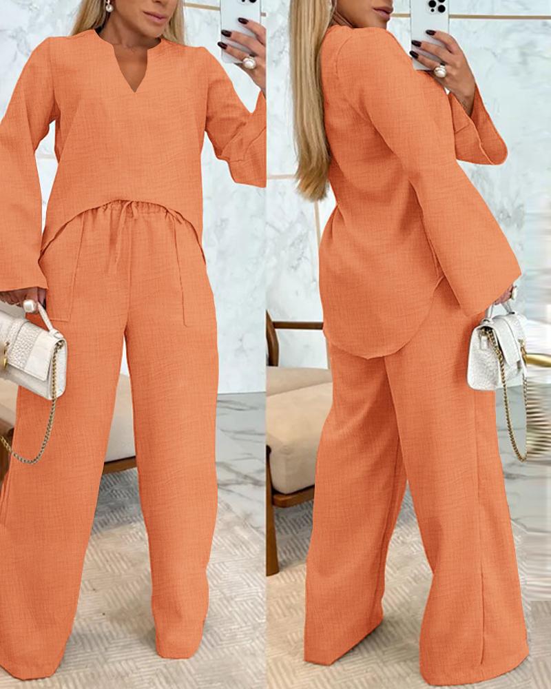 

2PCS Notch Neck Asymmetrical Hem Top & Drawstring Straight Leg Pants Set, Orange