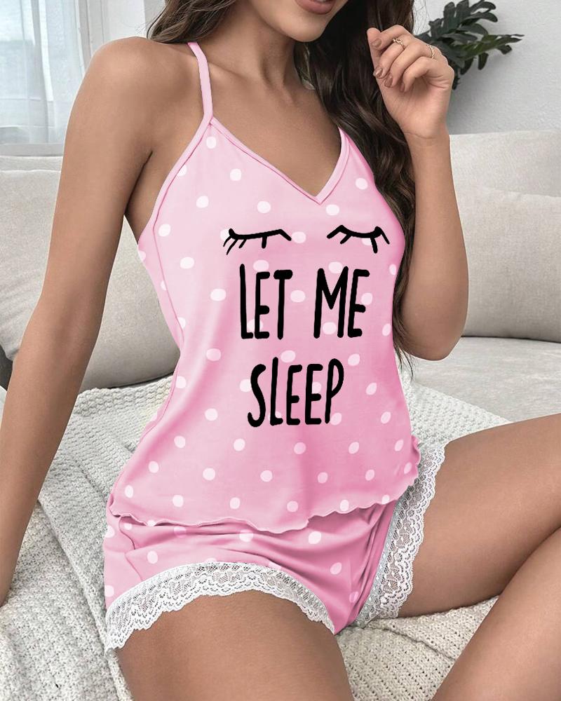 

Let Me Sleep Figure Polka Dot Print Lace Patch Sleep Cami Set, Pink