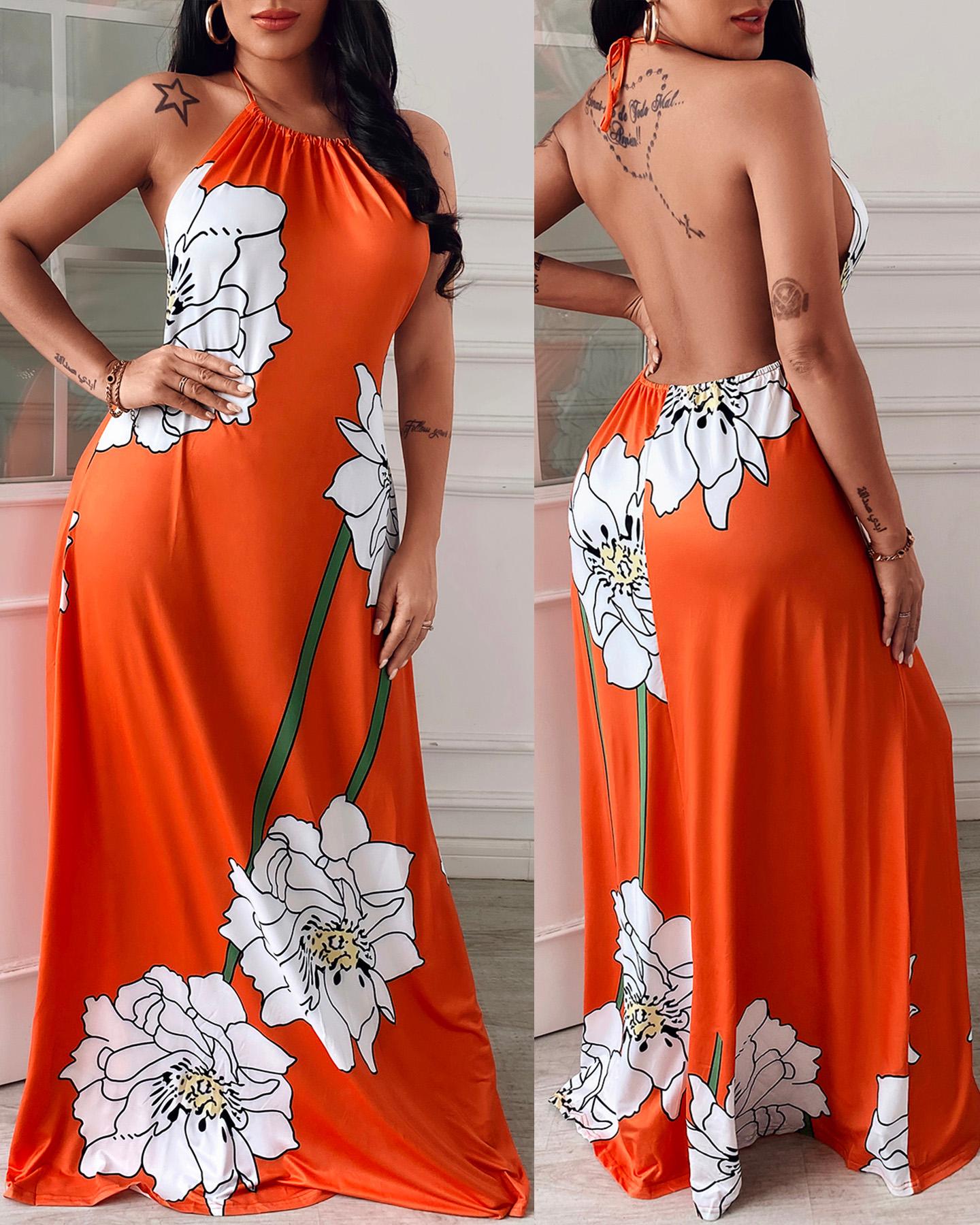

Floral Print Sleeveless Halter Backless Maxi Dress With Headband, Orange
