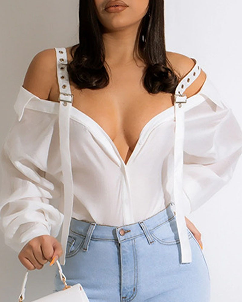 

Cold Shoulder Casual Solid Split Joint Shirt, White