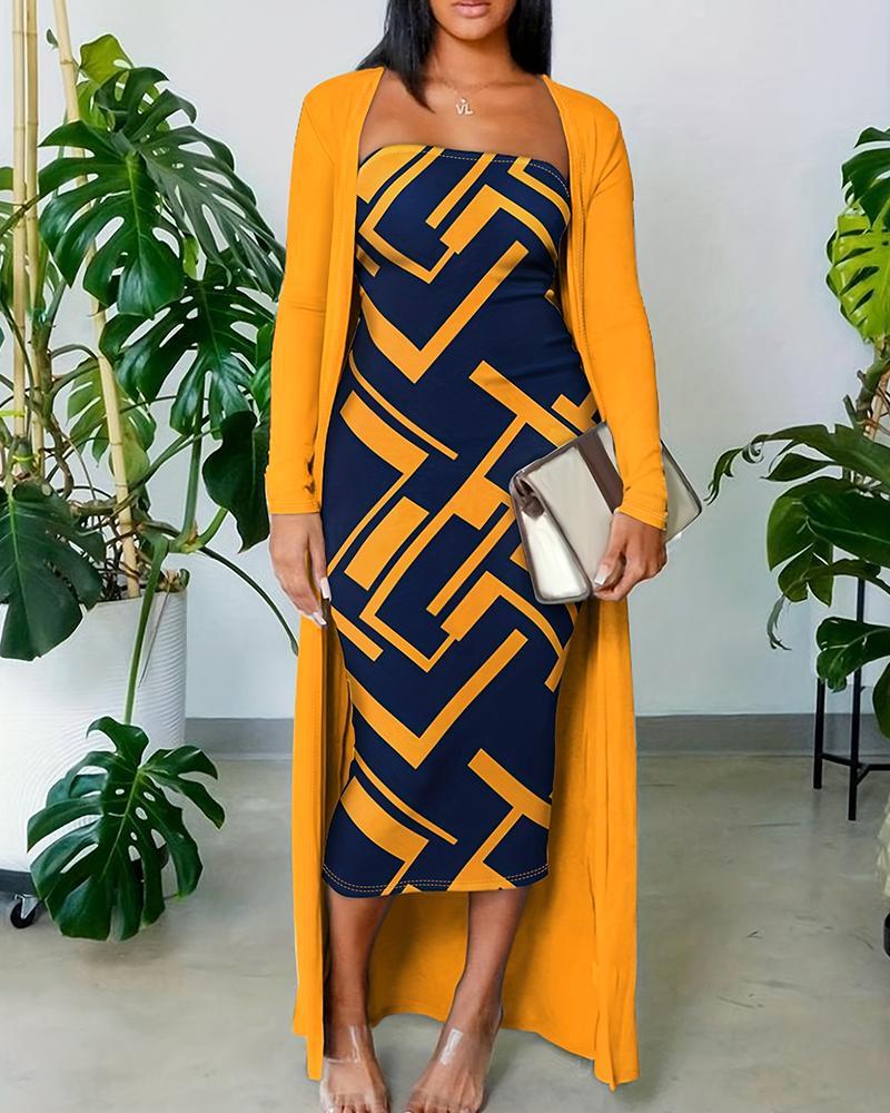 

Geometric Print Bodycon Dress With Longline Coat, Yellow