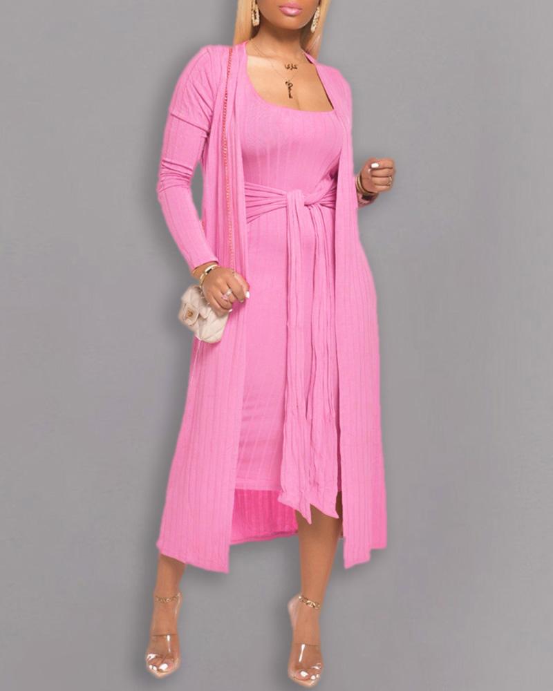 

Tie Front Midi Dress & Long Sleeve Longline Coat Set, Pink