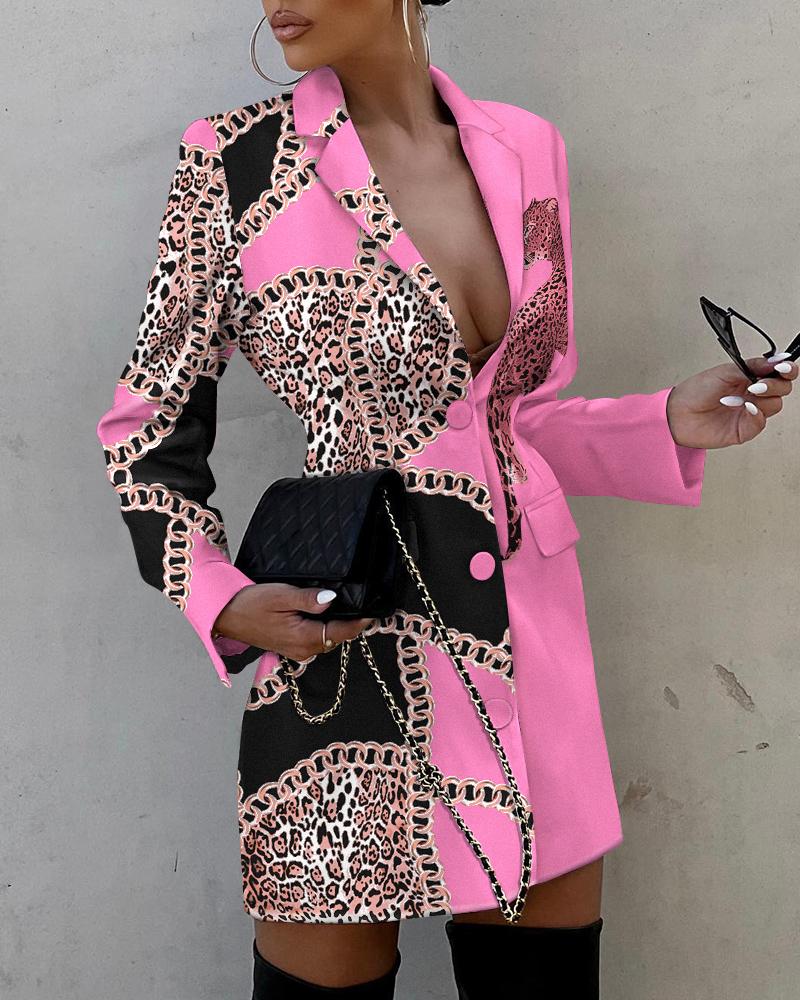 

Leopard Chain Print Long Sleeve Blazer Dress, Rose red