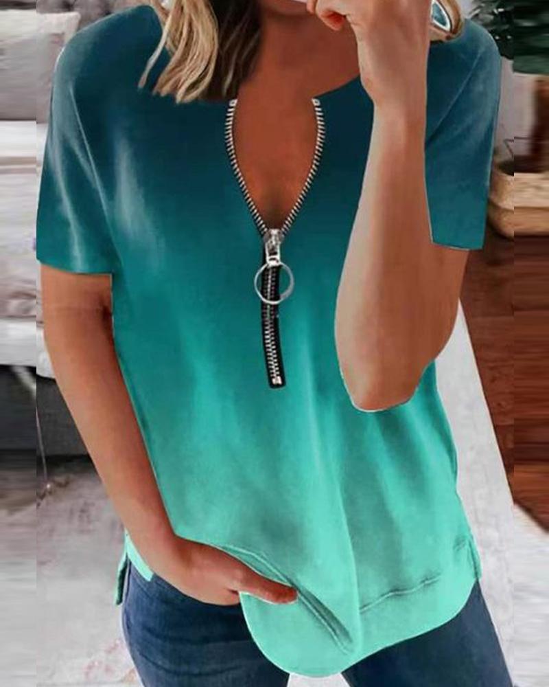 

Zipper Design Ombre Casual T-shirt, Green