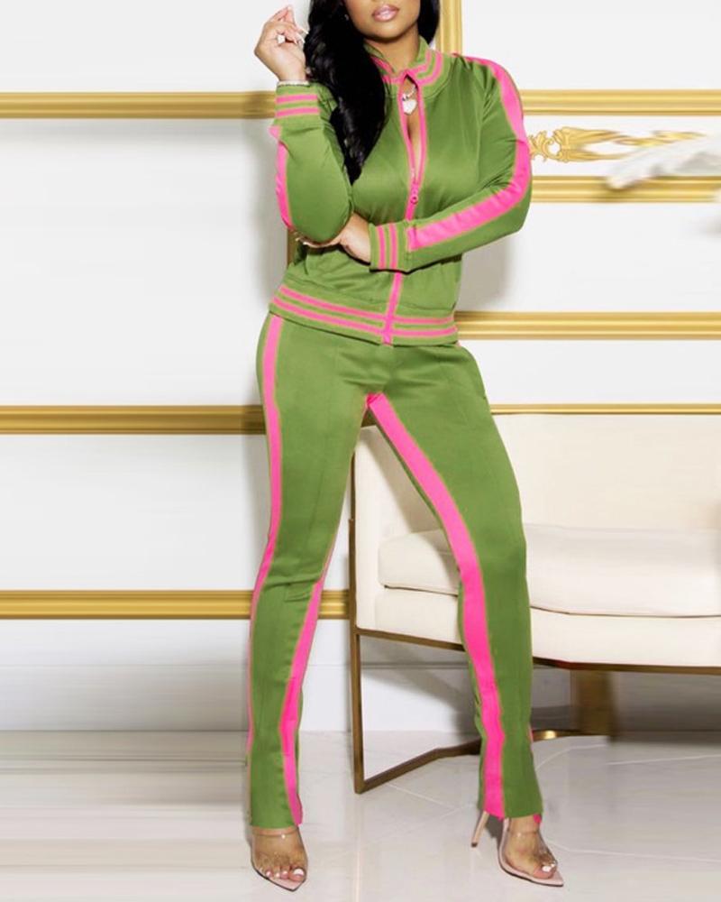

Contrast Paneled Long Sleeve Zip Up Top & Pants Set, Green