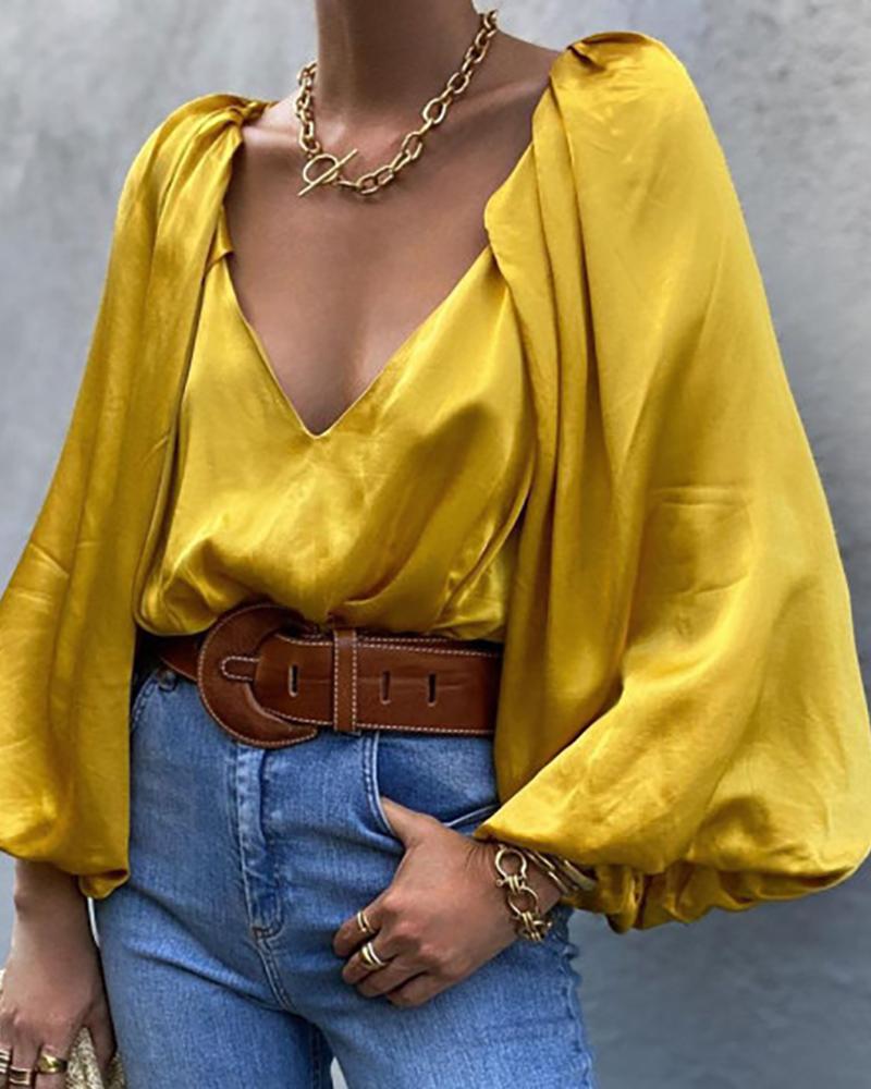 

Lantern Sleeve Plunge Satin Top, Yellow