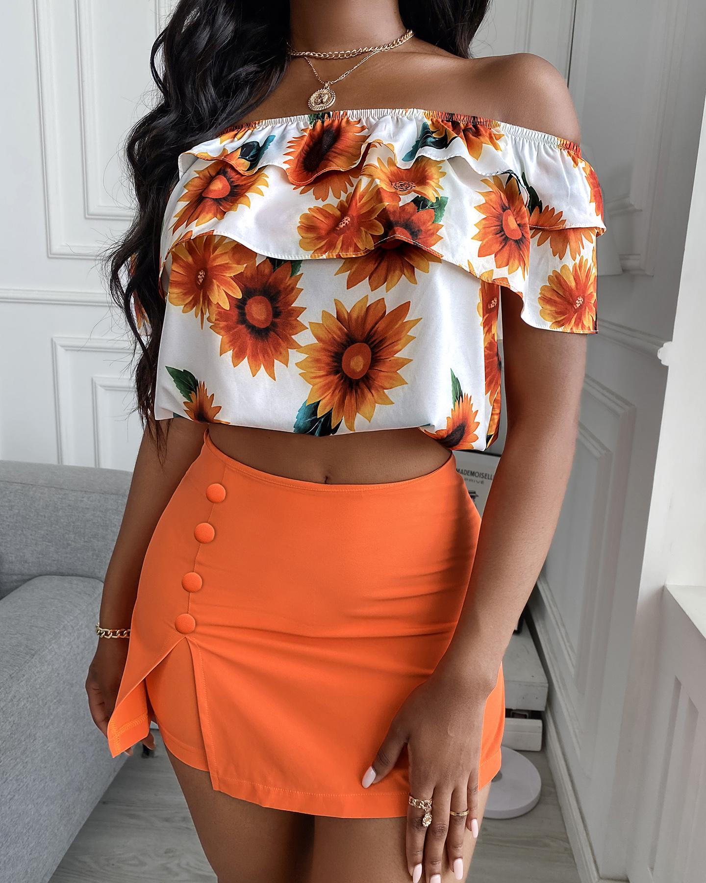 

Off Shoulder Sunflower Print Layered Top & Slit Skirt Set, Orange