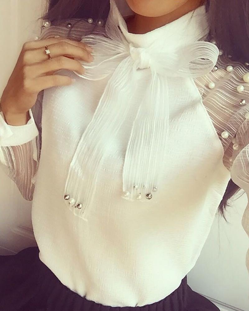 

Sheer Mesh Sleeve Beaded Blouse, Beige