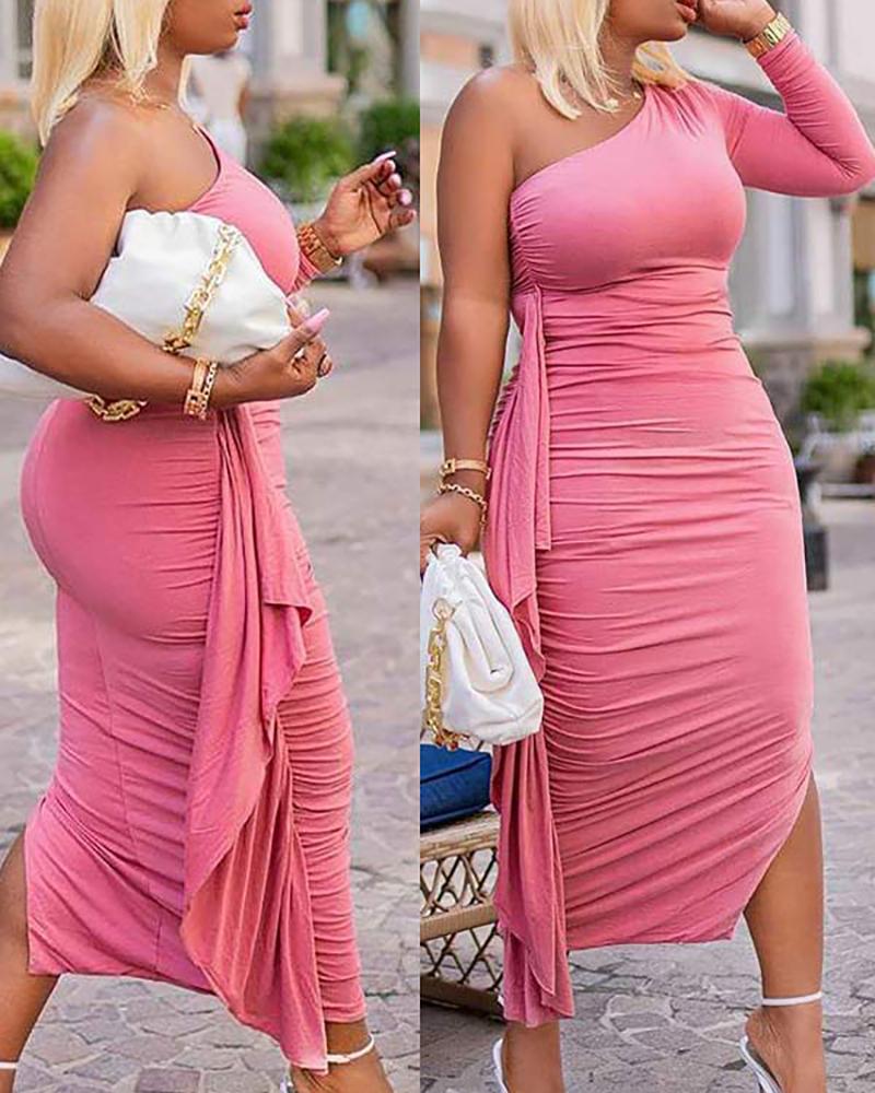 

Plus Size One Shoulder Ruched Ruffles Sit Bodycon Dress, Pink