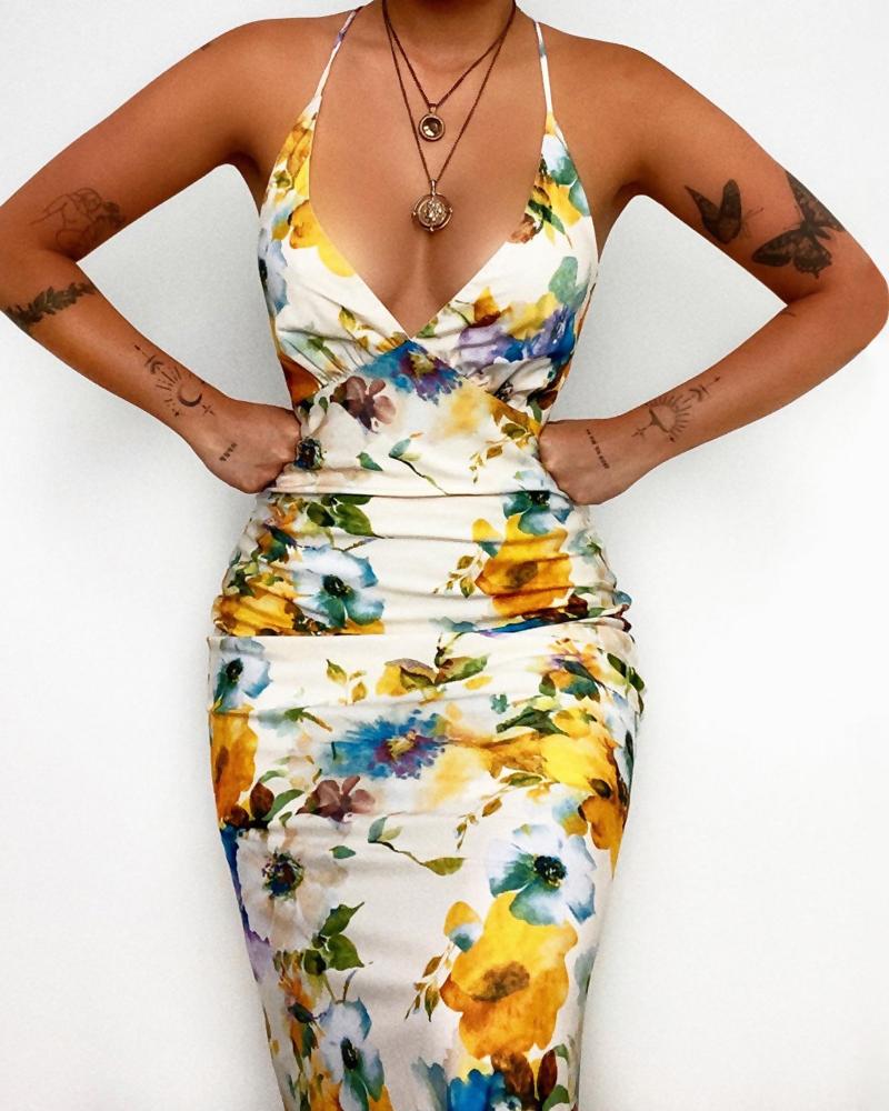 

Crisscross Backless Ruched Floral Print Dress, Multicolor