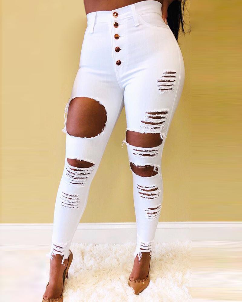 

High Waist Button Design Ladder Cutout Pants, White