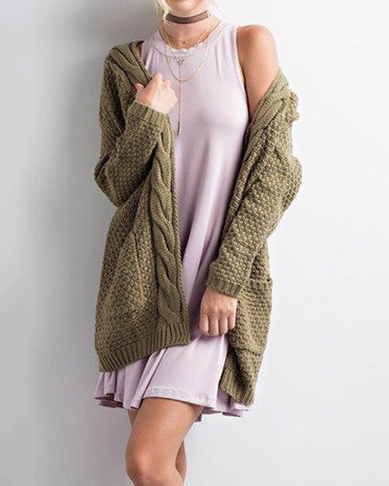 

Plus Size Long Sleeve Open Front Cable Knit Cardigan, Green