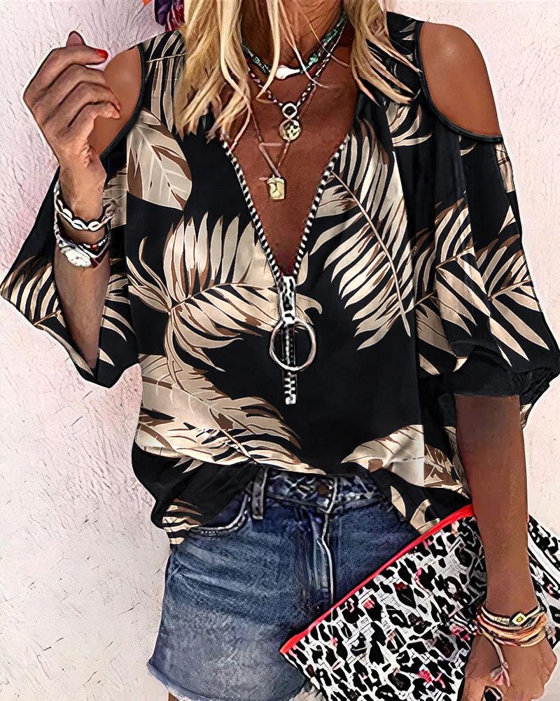 

Leaf Print Zip Front Cold Shoulder Top, Black