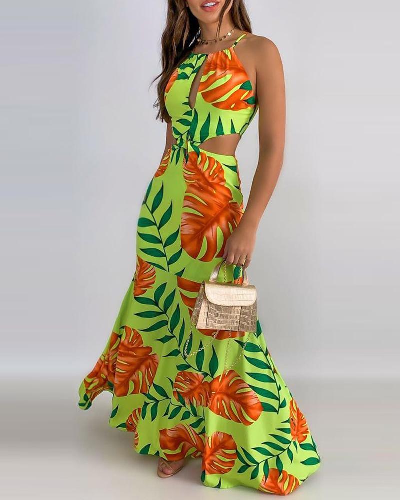 

Tropical Print Cutout Halter Maxi Dress, Green