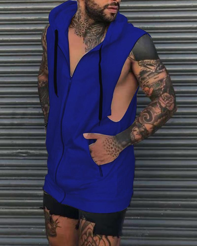 

Solid Sleeveless Zip-up Hooded Sleeveless Sweatshirt Vest Coats, Blue
