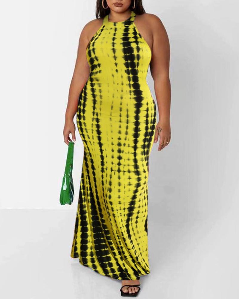 

Plus Size Tie Dye Print Cutout Back Maxi Dress, Yellow