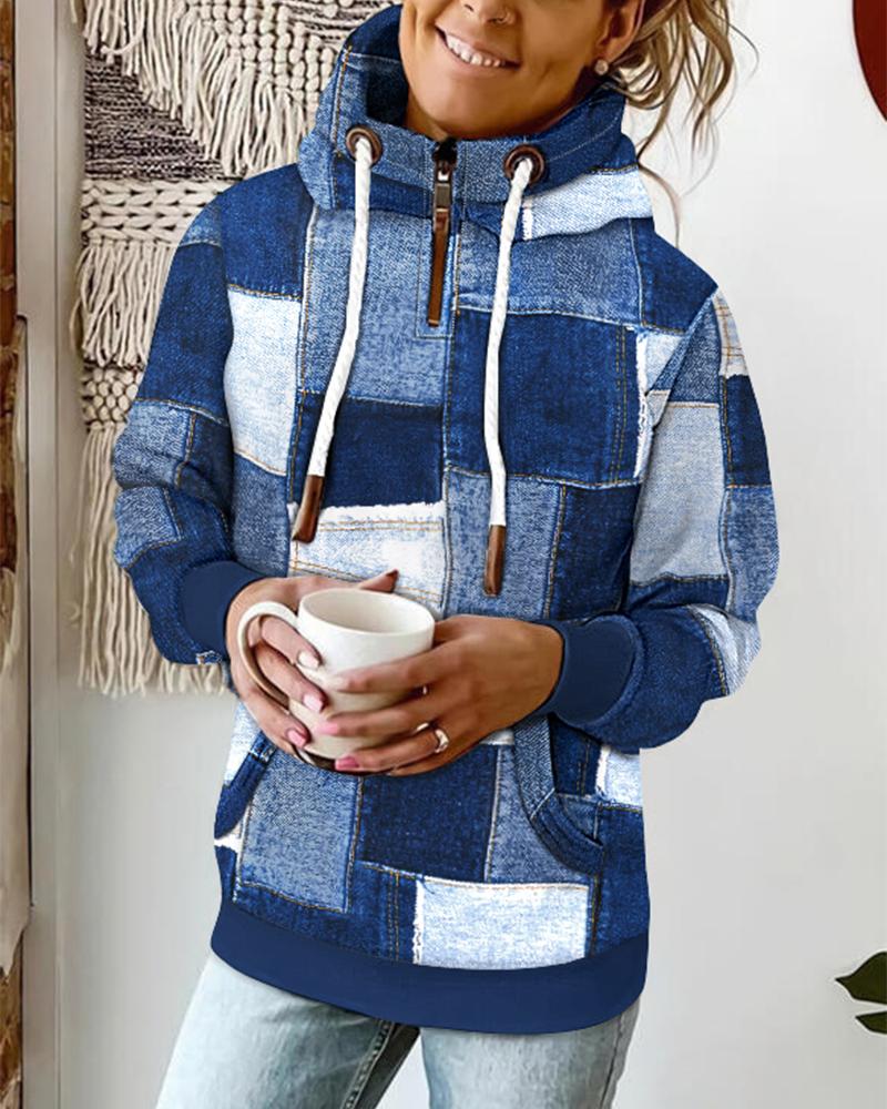 

Denim Look Print Pocket Design Hoodie, Blue