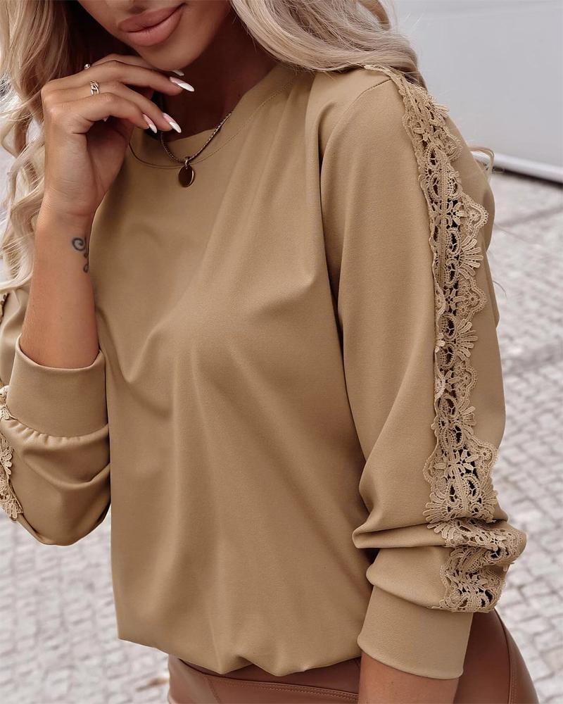 

Contrast Lace Long Sleeve Top, Khaki