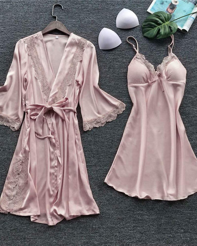 

Satin Lace Patch Nightgown With Robe, Pink