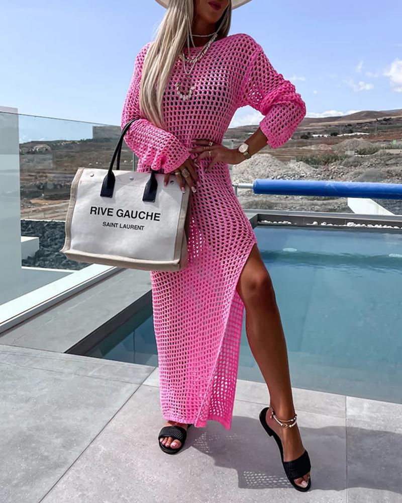 

Long Sleeve Slit Crochet Cover Up Dress, Pink