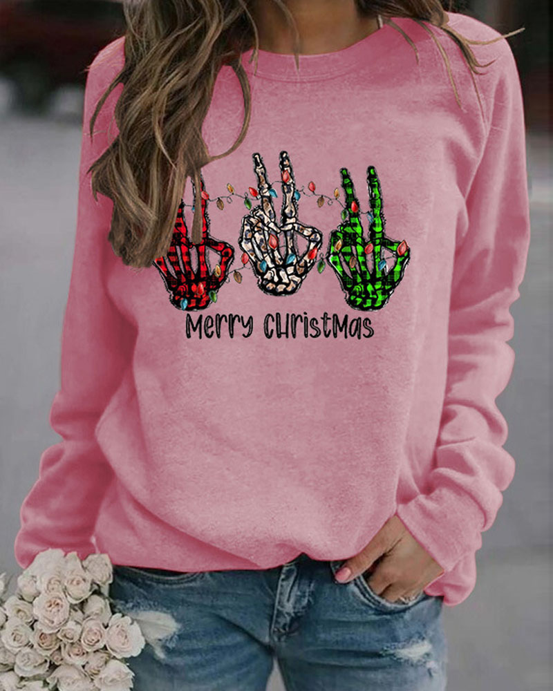 

Christmas Letter Finger Print Long Sleeve Top, Pink