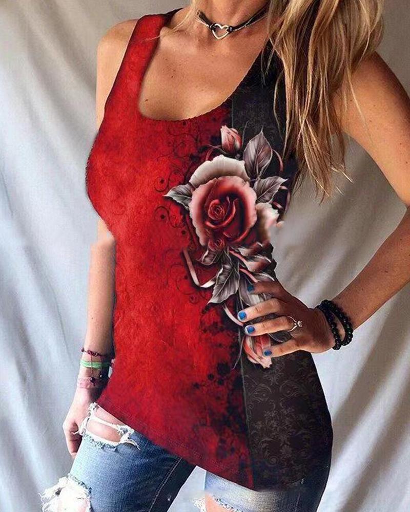 

Rose Print Sleeveless Loose Tank, Red