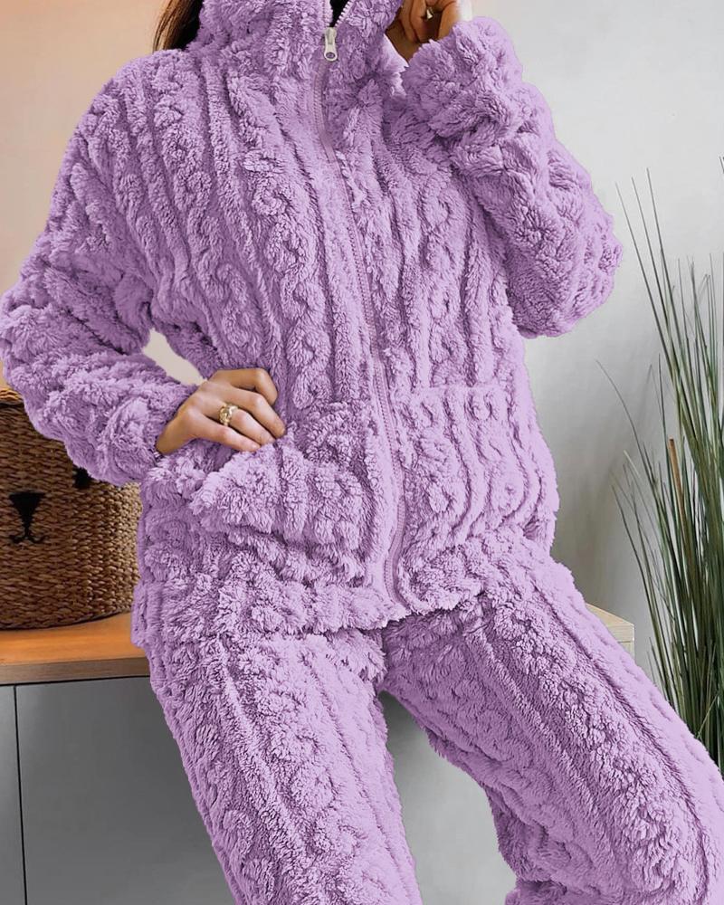 

2PCS Jacquard Textured Stand Collar Zip Up Fuzzy Teddy Top & Pants Set, Purple