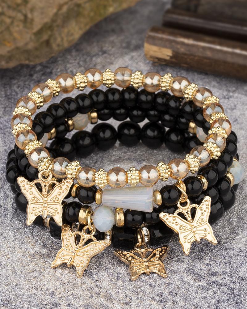 

1pc Crystal Stone Beaded Butterfly Multi-Layer Bracelet, Black