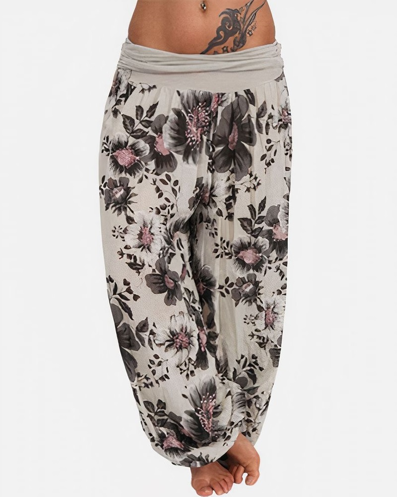 

Floral Print Ruched Low Waist Harem Pants, Khaki